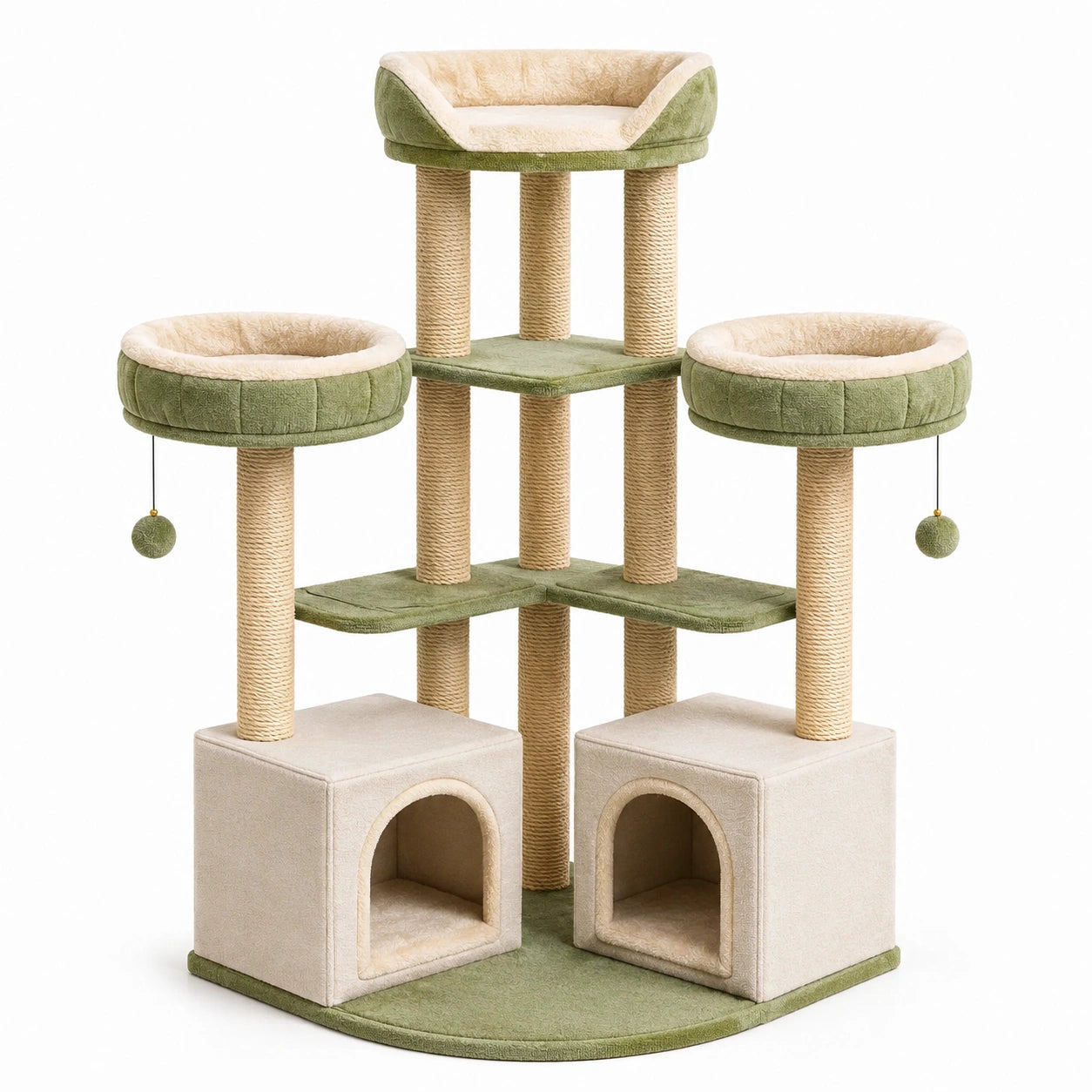 Árbol para gatos de felpa verde y beige con sisal y cuevas