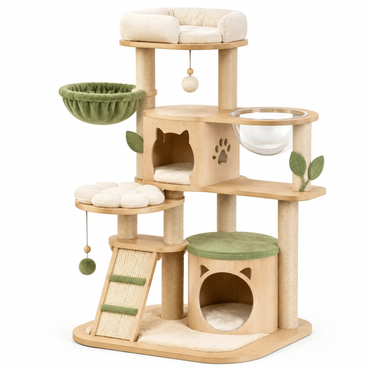 Árbol para gatos de madera con sisal, lona verde y beige 120x60x45cm