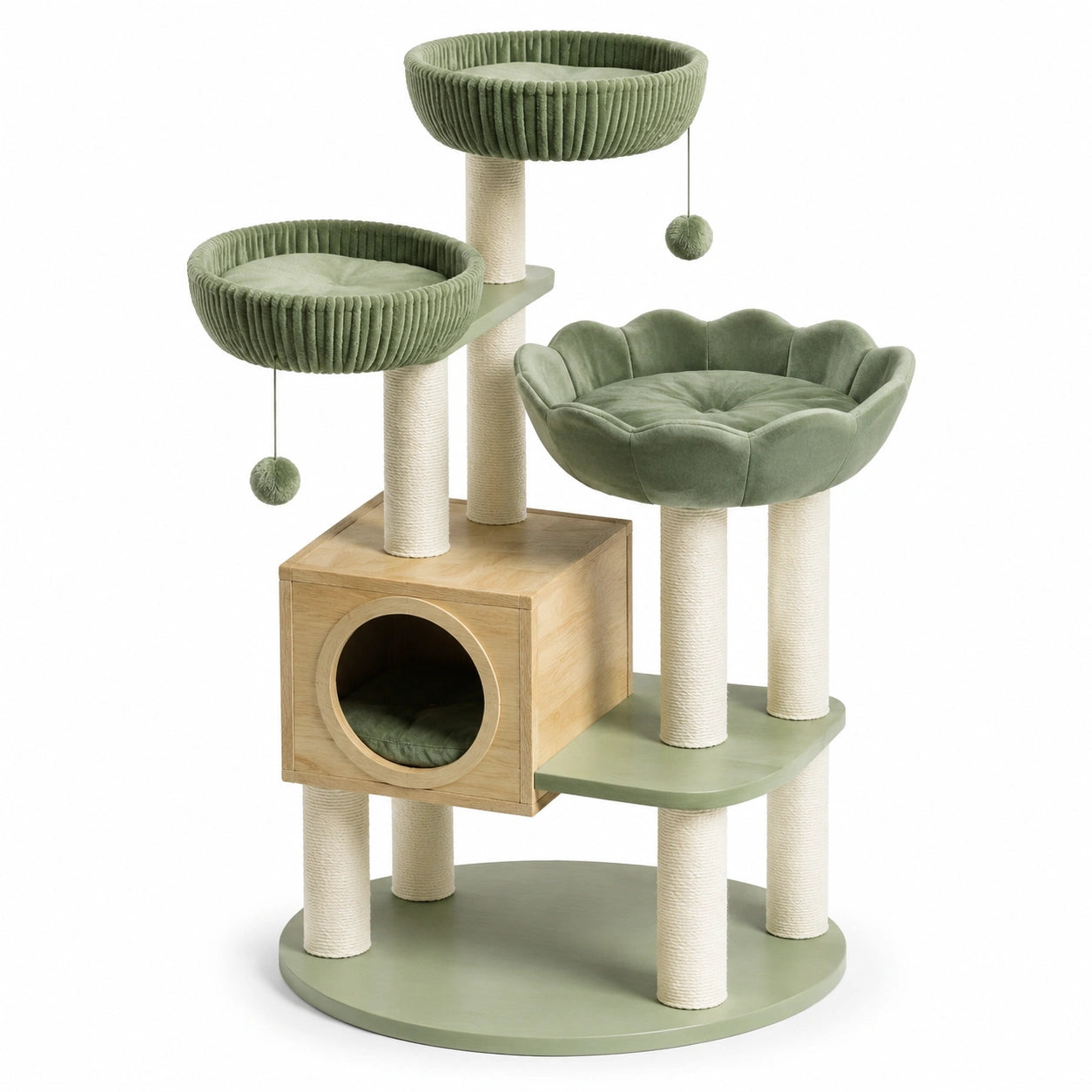 Árbol para gatos de madera y felpa verde con cuerda de sisal 100 cm