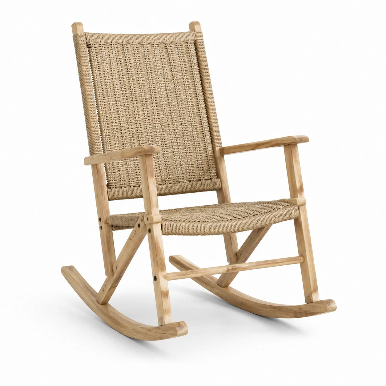 Mecedora de madera de teca y cuerda tejida beige 90x60x100 cm