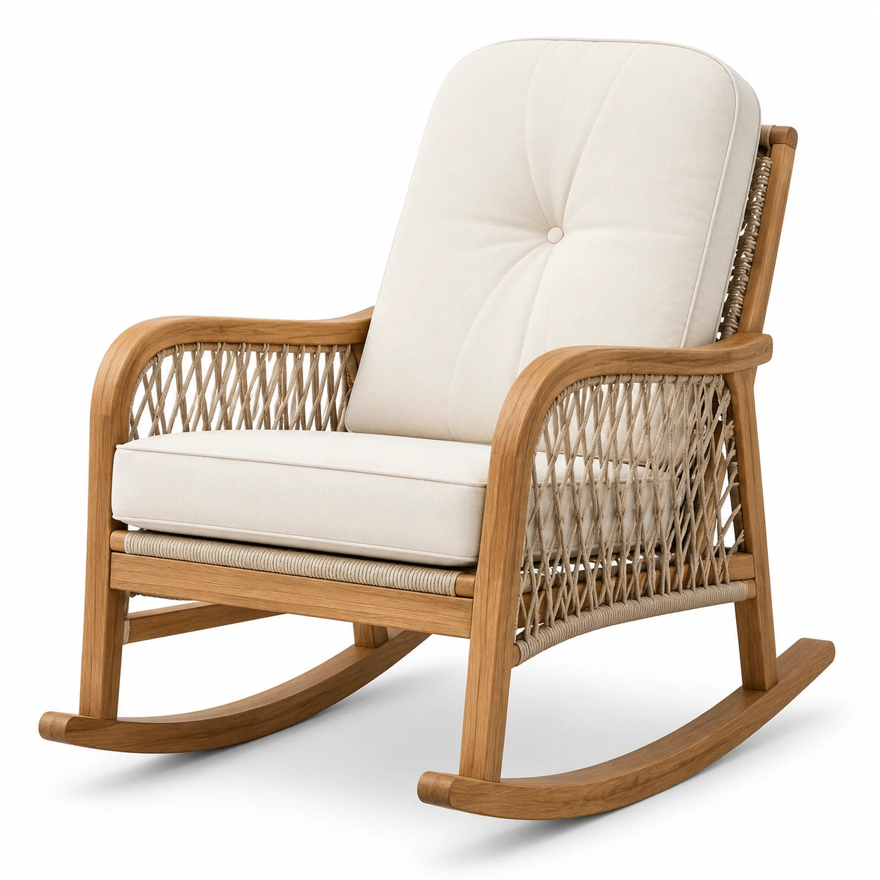 Mecedora de madera de teca y ratán sintético con cojines beige