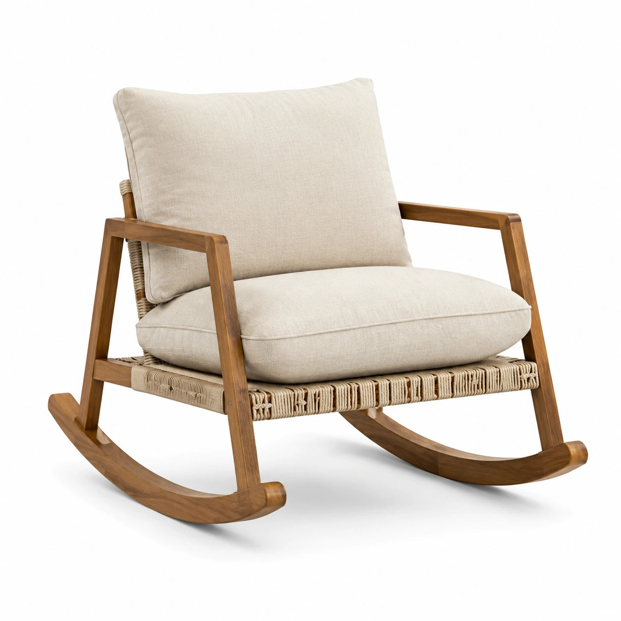 Mecedora de madera de teca con cojines de lino beige