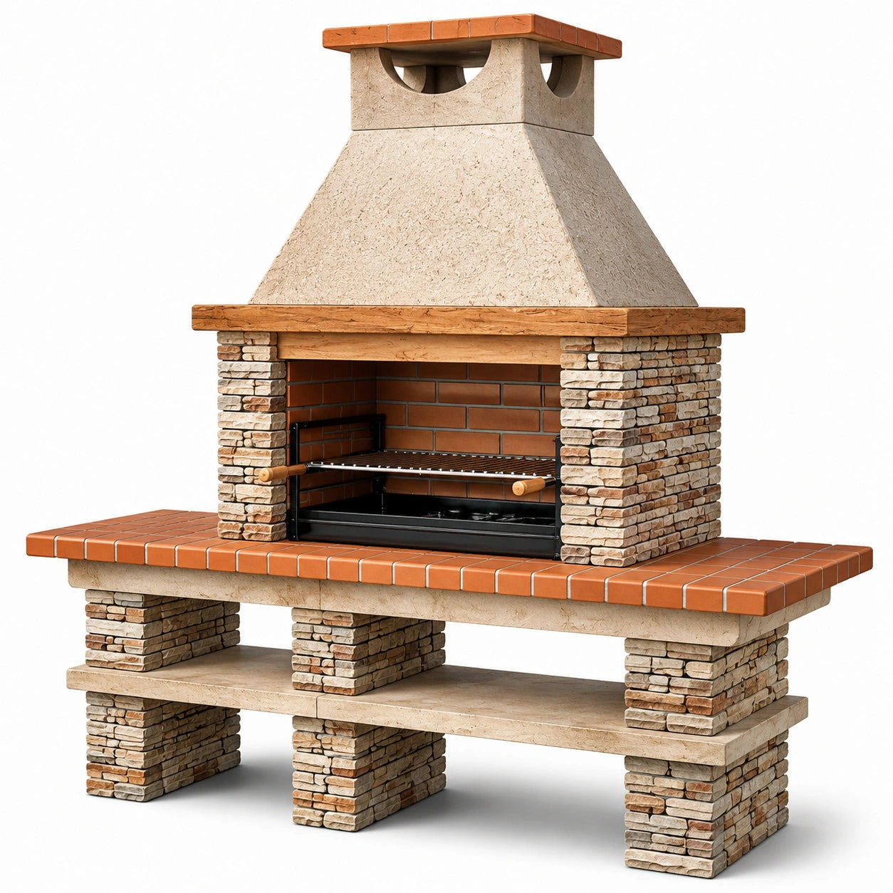 Barbacoa de piedra natural y ladrillo refractario con chimenea