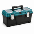 Caja de herramientas de plástico con compartimentos y cierre metálico negro/verde