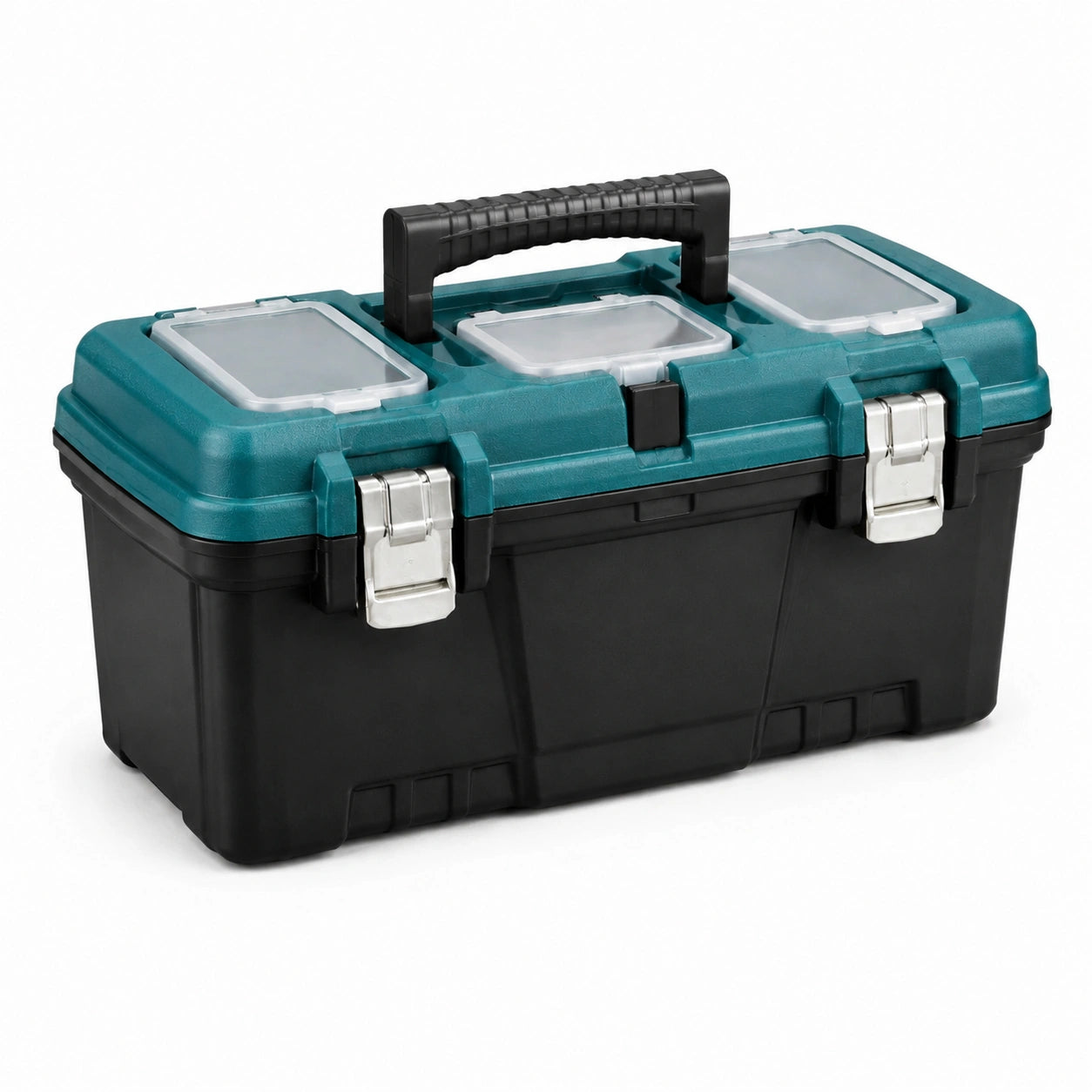 Caja de herramientas de plástico con compartimentos y cierre metálico negro/verde
