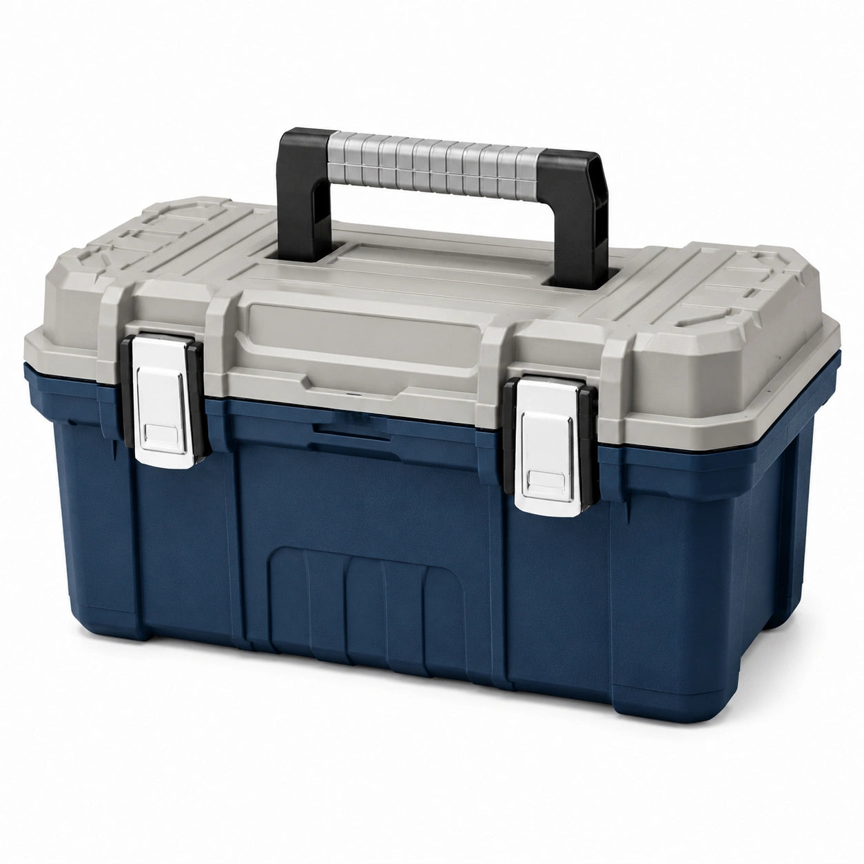 Caja de herramientas de plástico azul y gris con cierres metálicos