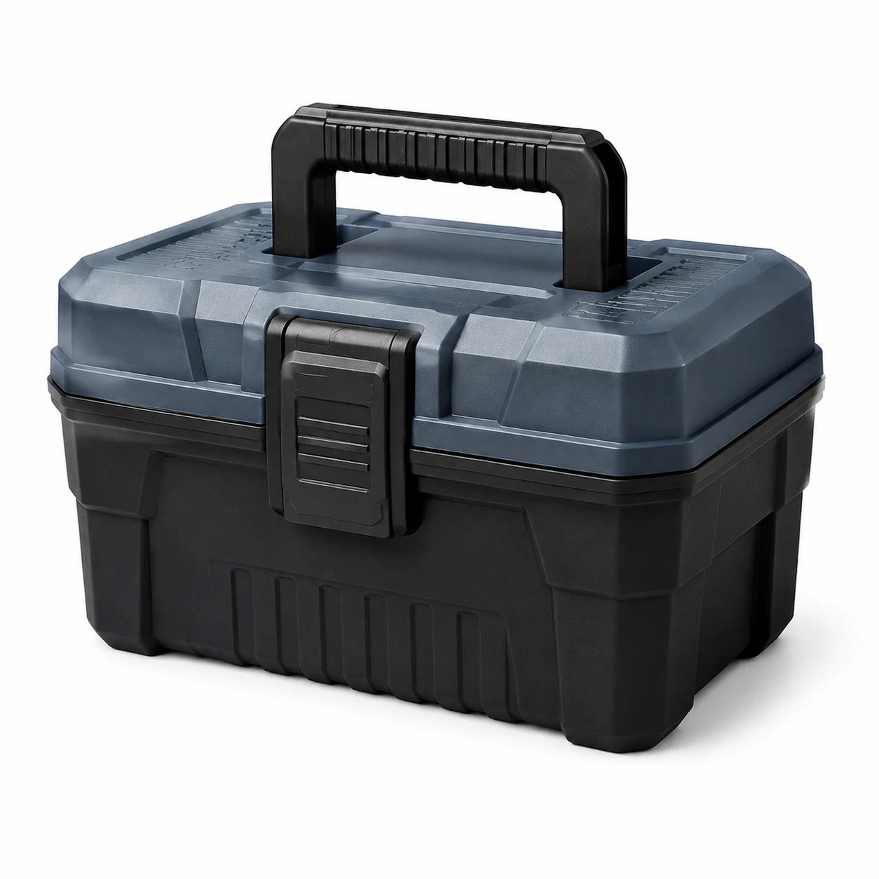 Caja de herramientas de plástico negro y azul con asa y cierre
