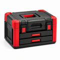 Caja de herramientas apilable de polipropileno negro y rojo con compartimentos