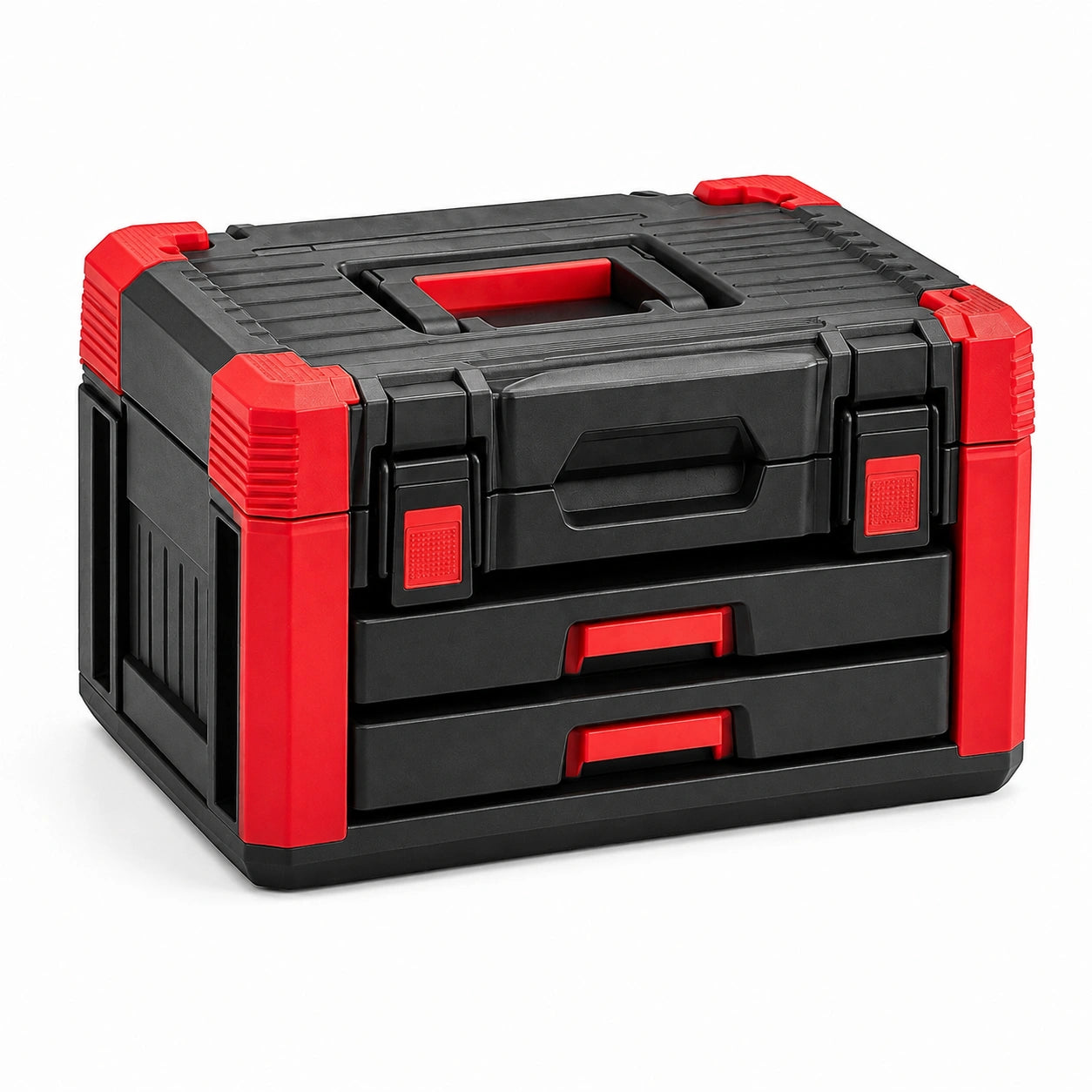 Caja de herramientas apilable de polipropileno negro y rojo con compartimentos