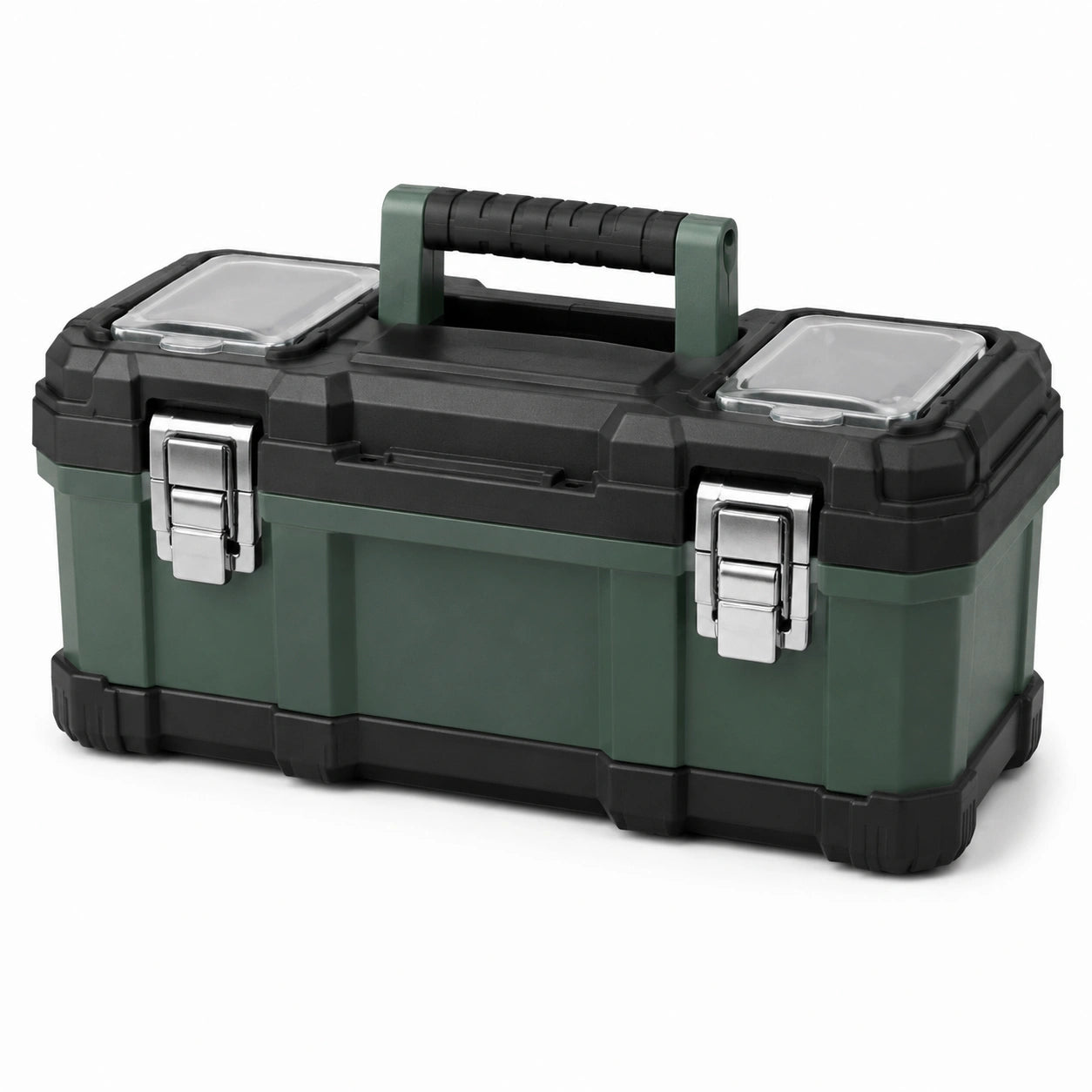 Caja de herramientas de plástico verde con cierres de acero inoxidable 50x25x25 cm