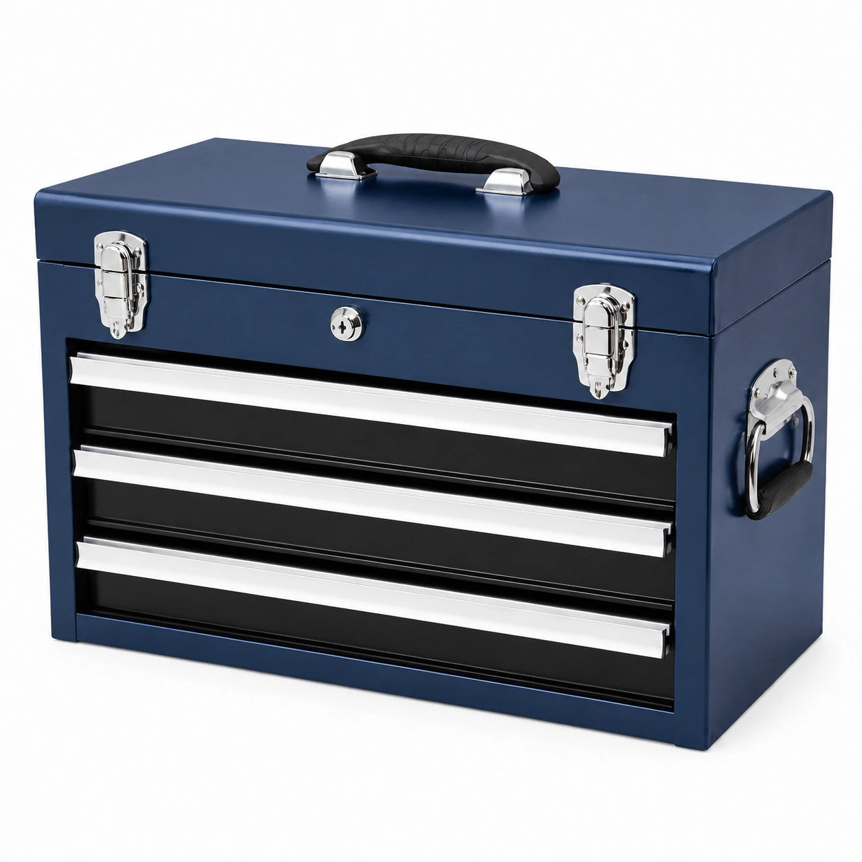 Caja de herramientas metálica azul con 3 cajones y cerradura