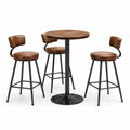 Conjunto de barra con mesa redonda de madera y sillas de metal y cuero sintético marrón