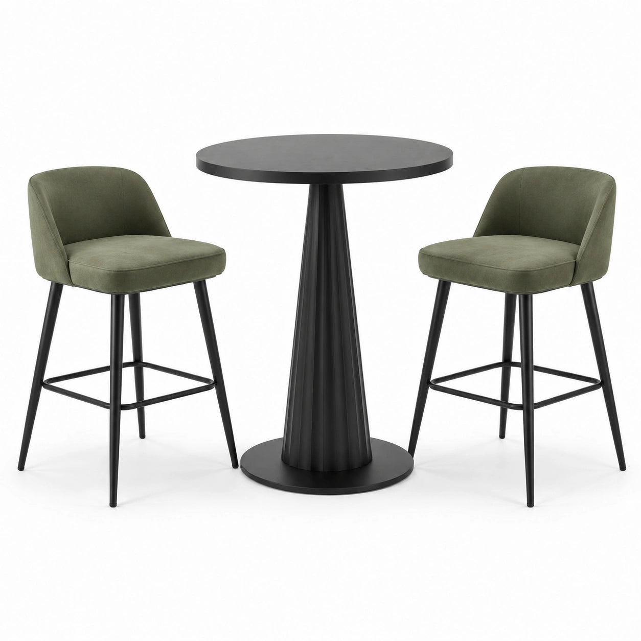 Conjunto de bar mesa redonda de metal con sillas de tela verde