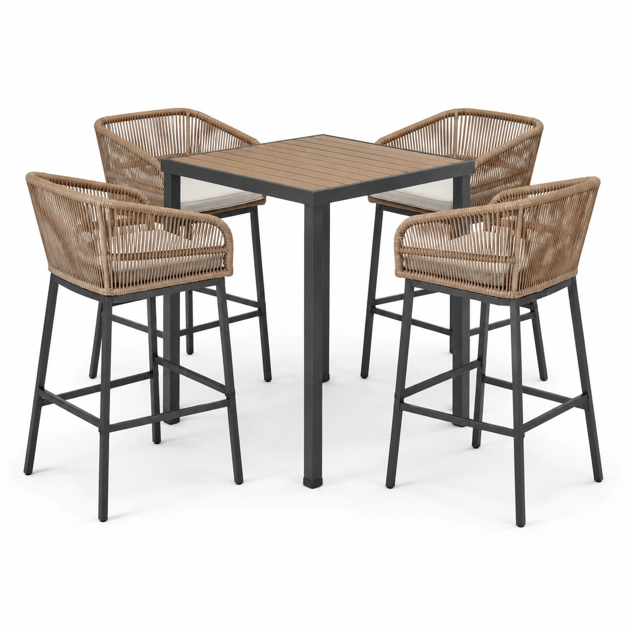 Conjunto de bar de 5 piezas de acero y mimbre sintético