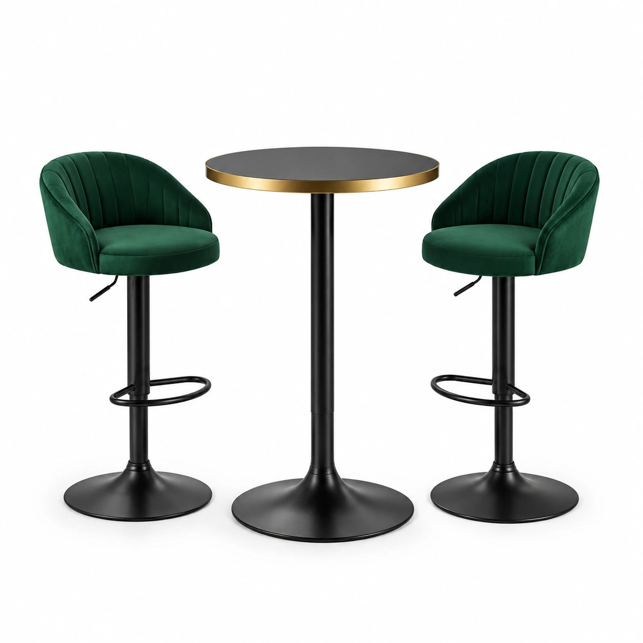 Conjunto de bar con mesa alta de metal y taburetes de terciopelo verde