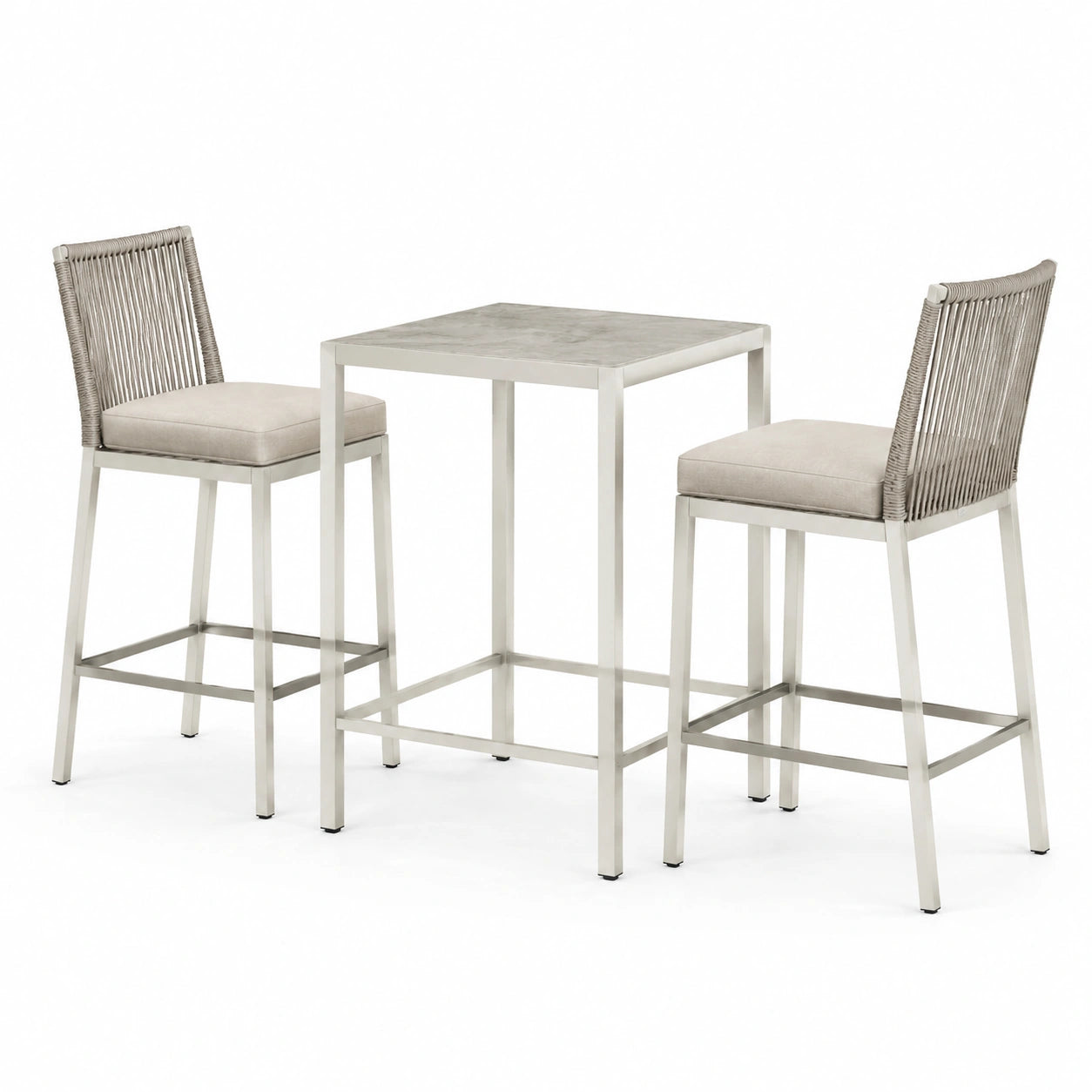 Juego de Bar con Mesa y Sillas de Acero Inoxidable y Asientos Beige