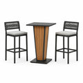 Conjunto de mesa y taburetes en metal y teca con respaldo de cuerda