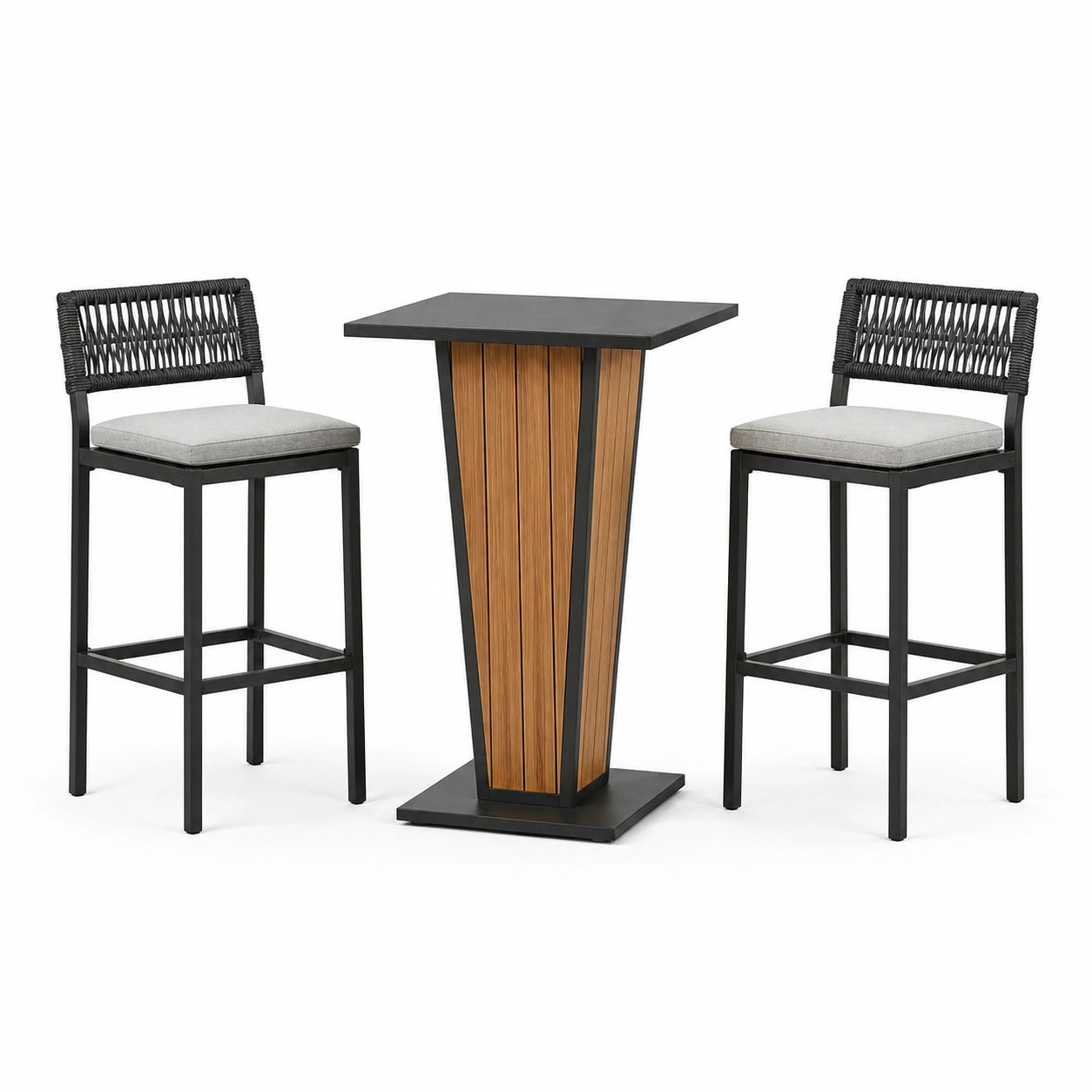 Conjunto de mesa y taburetes en metal y teca con respaldo de cuerda