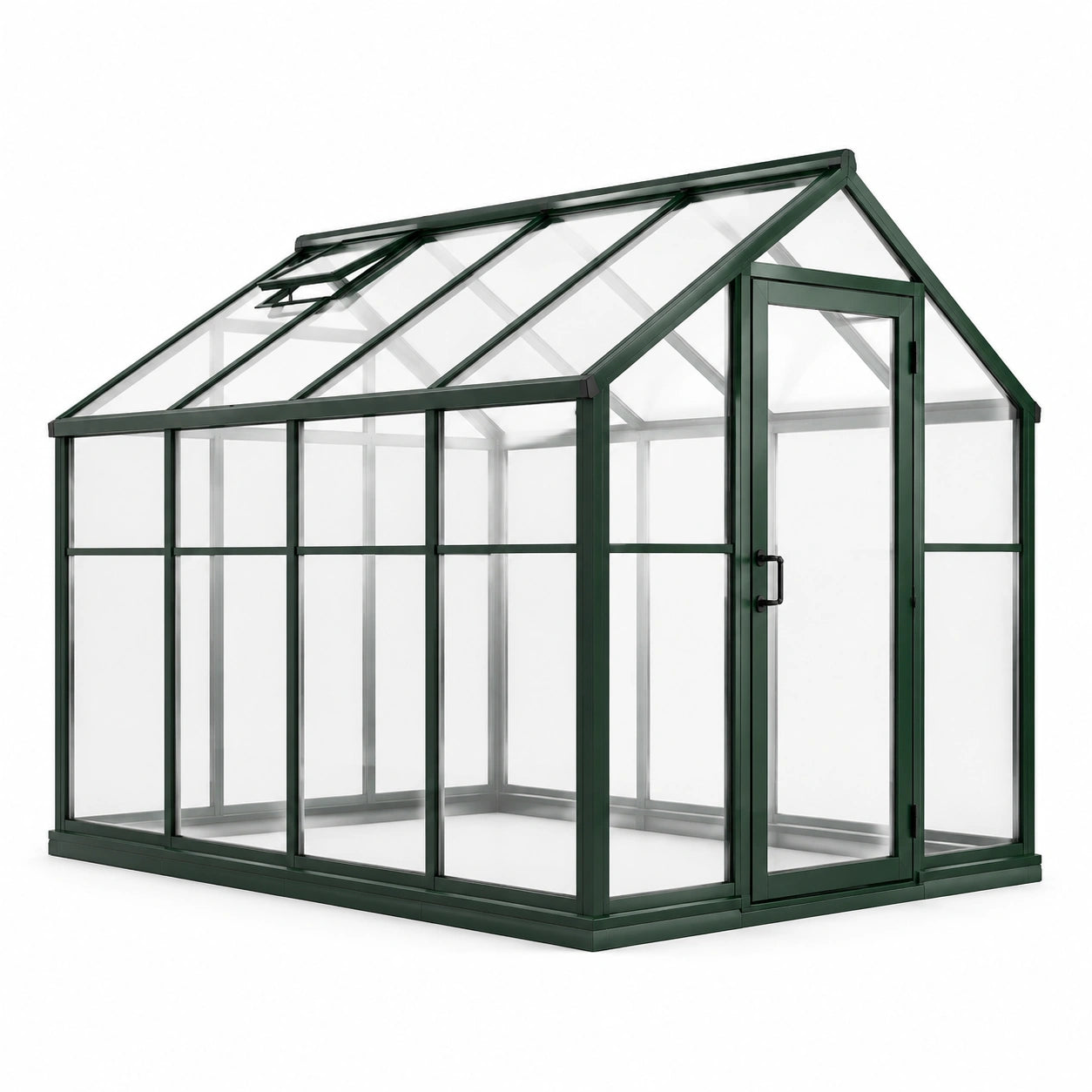 Invernadero de policarbonato y aluminio verde con ventana de ventilación