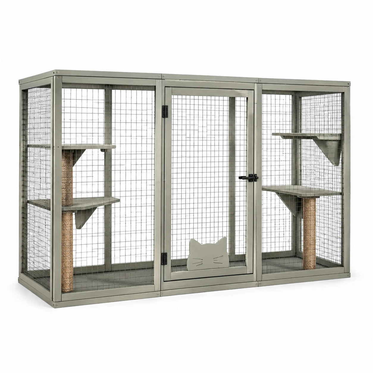 Jaula de metal gris para gatos con estantes y postes rascadores