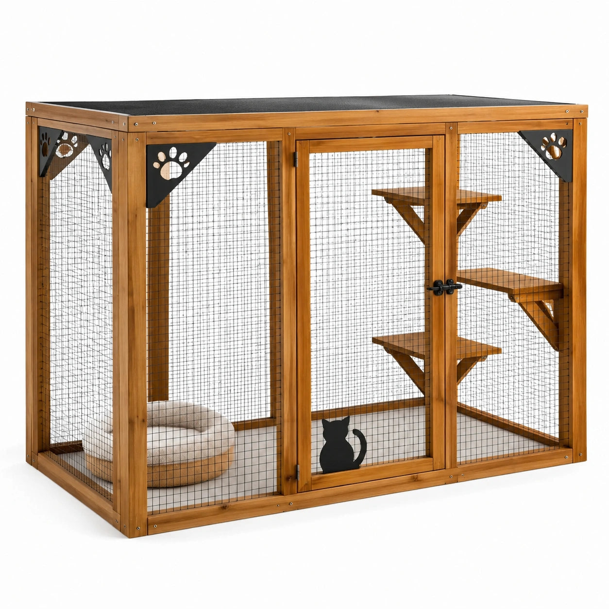Jaula para gatos de madera con malla de acero y plataformas