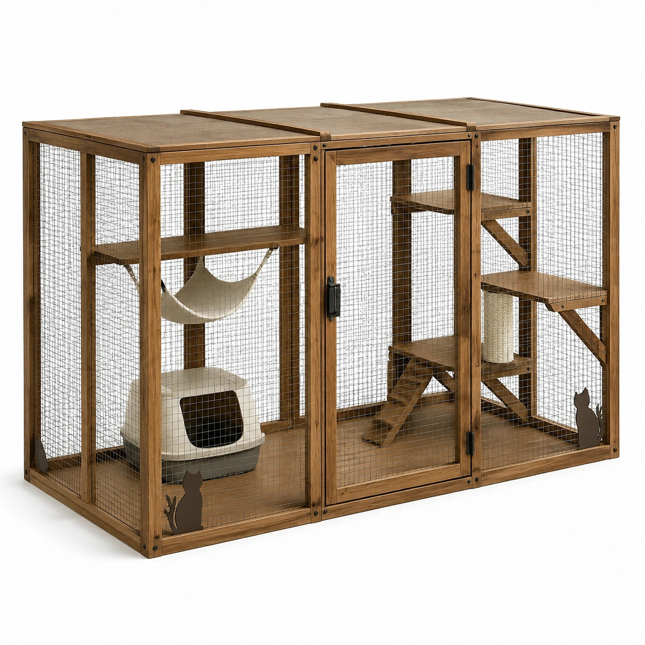 Jaula grande de madera y metal con accesorios para gatos 150x75x70 cm