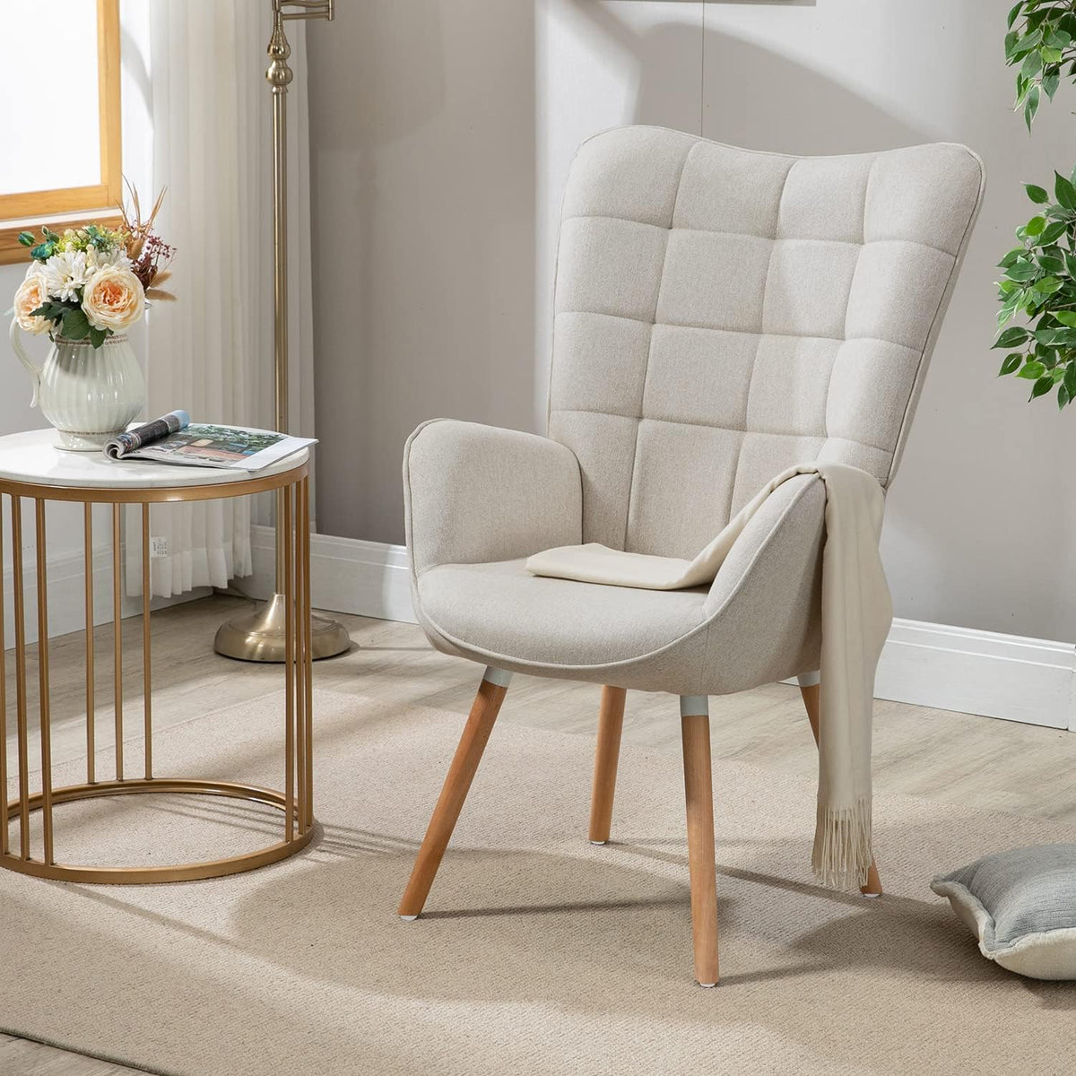 Sillón, 66 × 71 × 109 cm, madera, tela, beige, para el salón, meublescosy