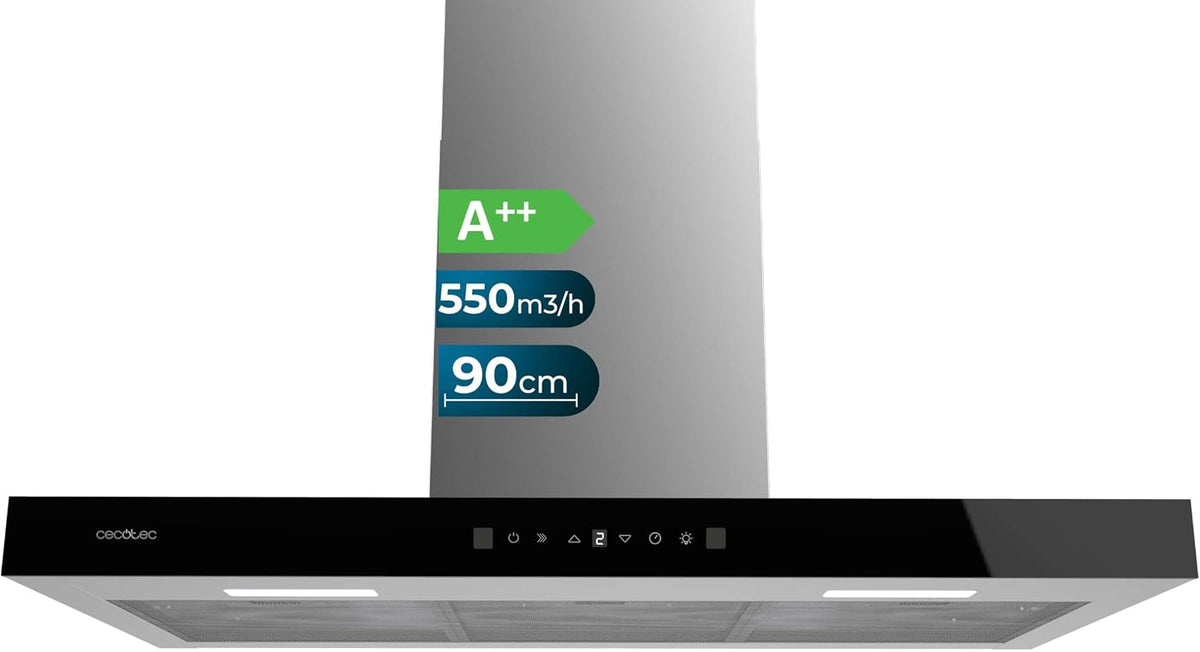 Cecotec TT 905500 campana extractora, 90 cm, 70 W, 550 m³/h, con iluminación LED, vidrio, negro