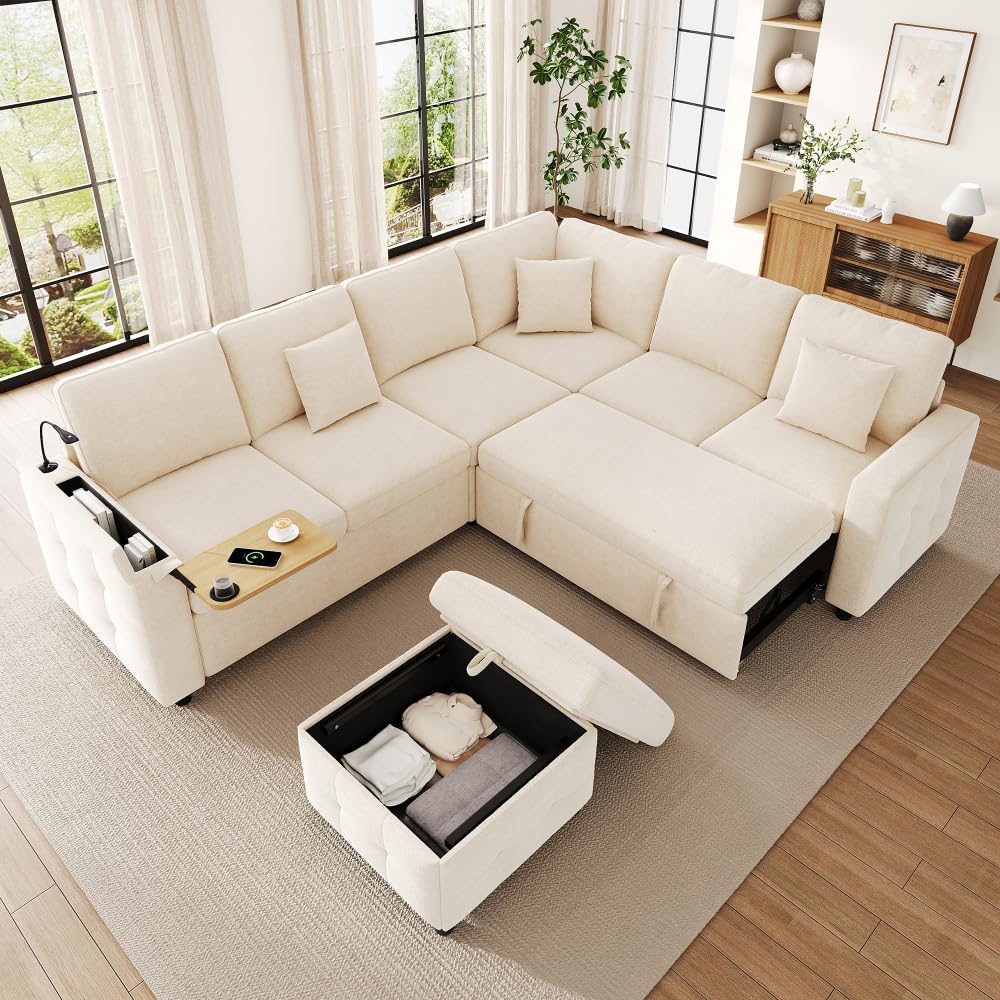 Sofá, 261 × 203 × 88 cm, con iluminación LED, plegable, beige, Sapgaks