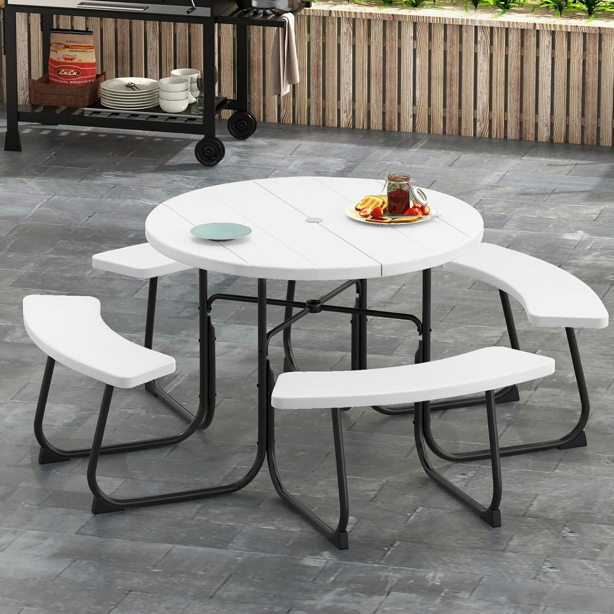 Mesa de jardín, 190 cm × 76 cm, madera, blanco, para el jardín, GIANTEX
