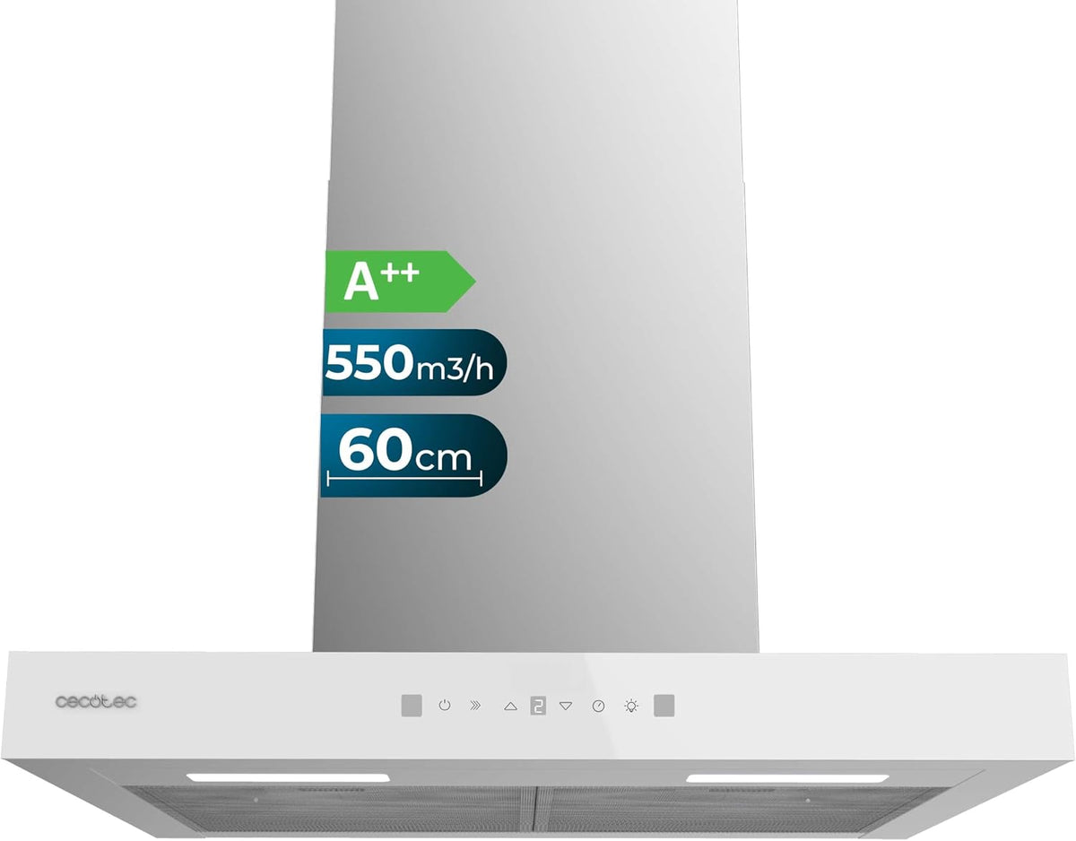 Cecotec TT 605500 campana extractora, 60 cm, 70 W, 550 m³/h, con iluminación LED, vidrio, blanco