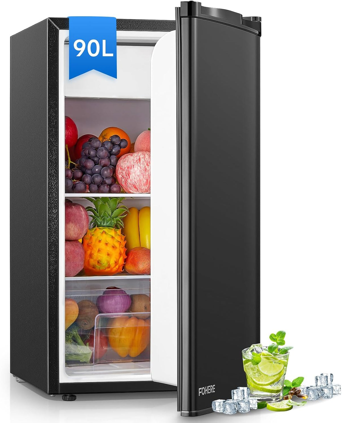 Congelador, 80 cm, 90 L, negro, para la oficina, para el dormitorio, FOHERE