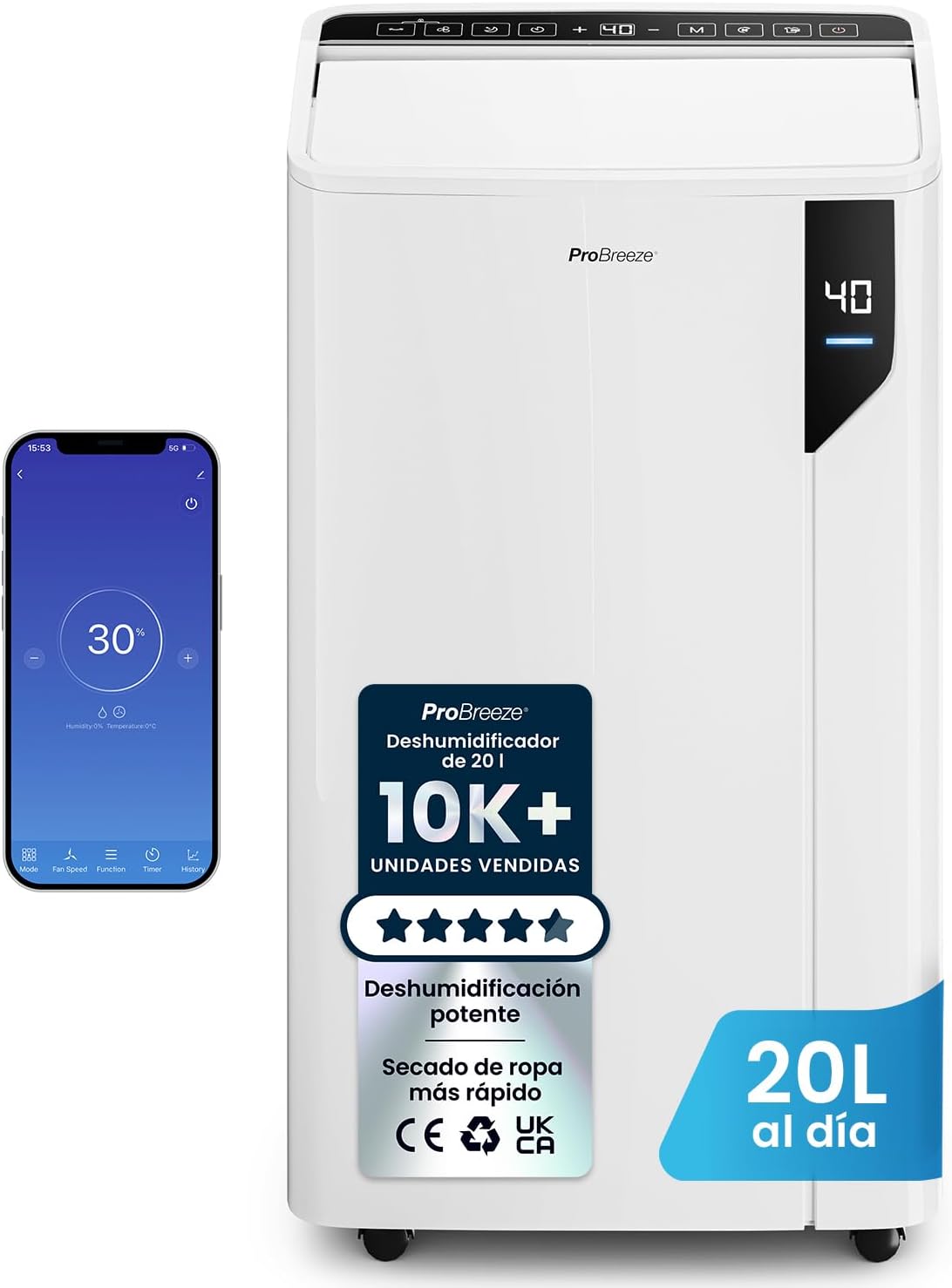 Deshumidificador, 20 L, con WiFi, Pro Breeze